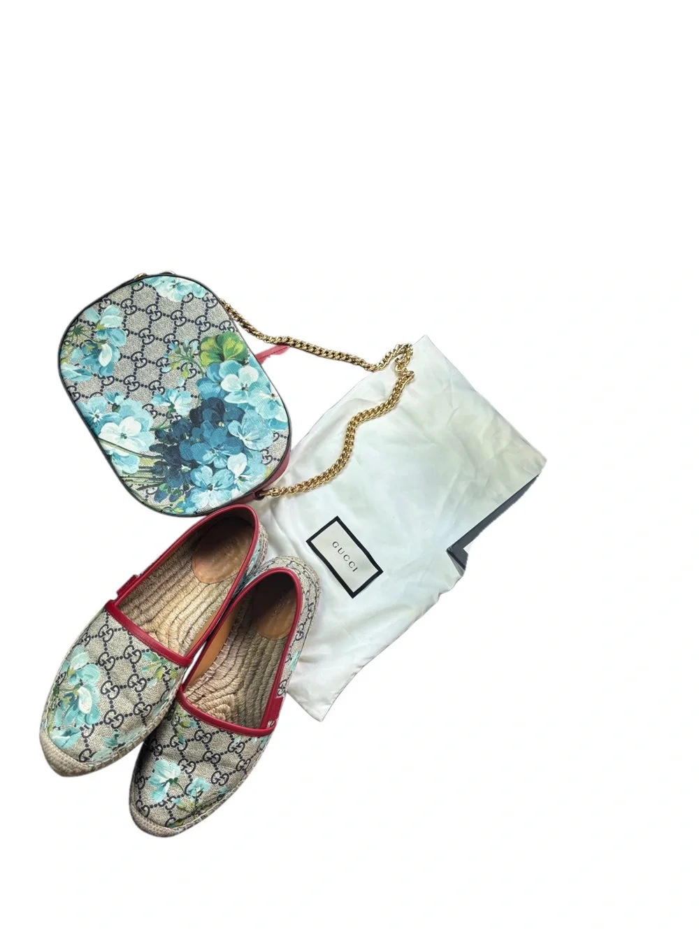 Gucci Blue Floral GG Canvas Espadrilles with Matching Crossbody and Red Trim
